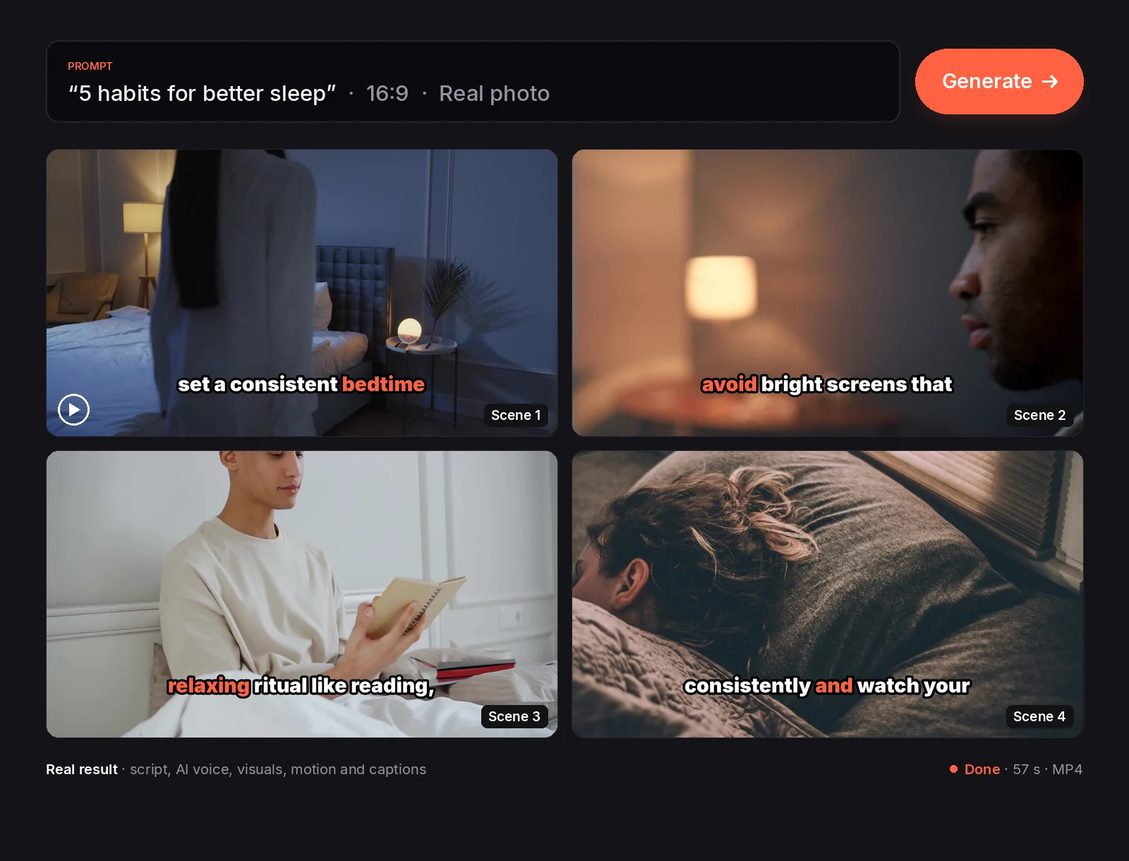 Prompt “5 habits for better sleep” and real frames from the video Vaideo made